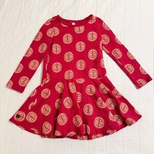 Tea Collection Red Kaguya L Skirted Dress Size 5 Long Sleeve
